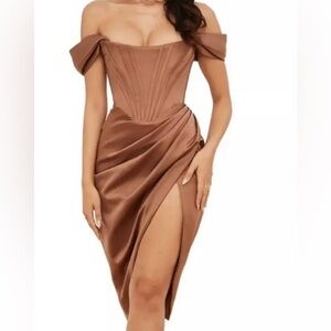 House of CB LORETTA SATIN OFF SHOULDER DRESS